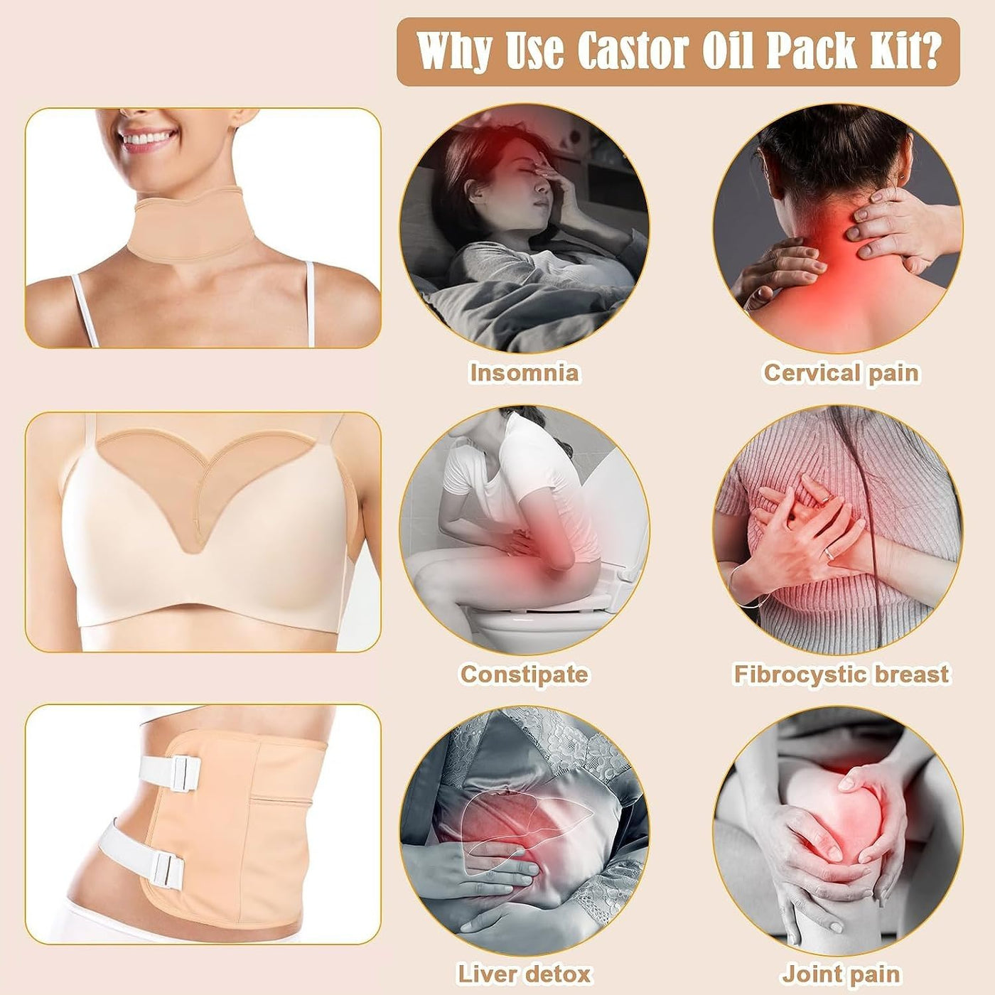 EverLoom Castor Oil Pack, Adjustable Reusable Castor Oil Pack Wrap for Liver Detox, Neck and Breast, Cotton Elastic Strap, Machine Washable Anti Oil Leak Design